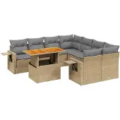 vidaXL Soffgrupp för trädgården med dynor 9 delar beige konstrotting