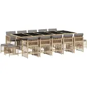 vidaXL Matgrupp för trädgården m. dynor 15 delar mixbeige konstrotting