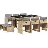 vidaXL Matgrupp för trädgården med dynor 11delar mixbeige konstrotting