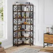 24hShop Industriell hörnbokhylla med 7 hyllplan och stabil metallram / hörnhylla i industriell stil / bokhylla för hörn