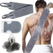 INF Exfolierande Badhandduksset med Växtfiber Kroppsskrubb och Ryggskrubberband Gray