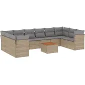 vidaXL Loungegrupp för trädgården m. dynor 11 delar beige konstrotting
