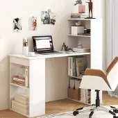 24.Se Skrivbord med bokhylla / datorbord med förvaring / arbetsbord med hyllor / vitt kontorsbord 122 cm