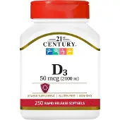 21st Century Vitamin D3 från , 50 mcg (2,000 IU), 250 mjuka kapslar
