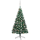 vidaXL Belyst halv plastgran med kulor grön 120 cm