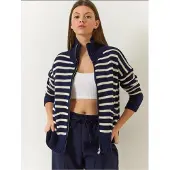 Bianco Randig zip-up stickad cardigan med fickor