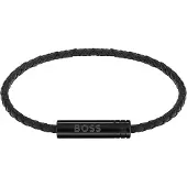 BOSS Braided cuff in black leather with logo plaque