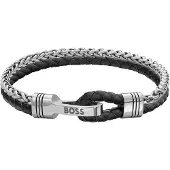 BOSS Braided cuff in black leather and stainless steel