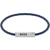 BOSS Braided cuff in blue leather with logo plaque
