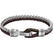 BOSS Braided cuff in brown leather and stainless steel