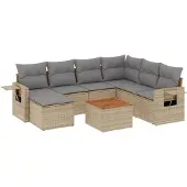 vidaXL Matgrupp för trädgården med dynor 8 delar beige konstrotting