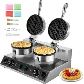 Vevor Kommersiell våffeljärn, rund våffeljärn med dubbla huvuden, 2460W non-stick belgiskt våffeljärn i rostfritt stål med temperatur- och tidskontroll, handtag, för restaurang, bageri, snackbarfamilj