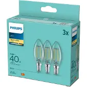 Philips - LED-glödlampa med filament - form: B35 - klar finish - E14 - 4.3 W (motsvarande 40 W) - klass F - varmt vitt ljus - 2700 K (paket om 3)