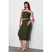 Trendyol TRENDYOLMİLLA Dam Khaki Enfärgad Midi Bodycon Penn kjol Kjolar