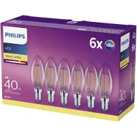 Philips - LED-glödlampa med filament - form: B35 - klar finish - E14 - 4 W (motsvarande 40 W) - klass F - varmt vitt ljus - 2700 K (paket om 6)