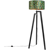 QAZQA Golvlampa stativ svart med skärm påfågeldesign 50 cm - Puros