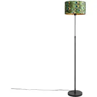 QAZQA Golvlampa svart med sammetskärm påfågel med guld 35 cm - Parte