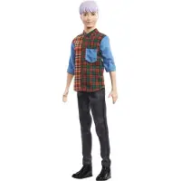 Barbie Ken Fashionistas Docka #154 med Lila Hår i Rutig Skjorta, Svarta Jeans och Stövlar