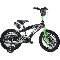 Kubisport Barncykel 16 tum BMX Svart Stödhjul Broms Dino Bikes