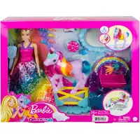 Mattel Dreamtopia Unicorn & Docka Set med 18 Tillbehör, Inkluderar Färgförändring & Toalettfunktion, Present för 3 till 7 År