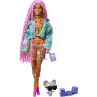 Mattel Extra Docka & Tillbehör med Långa Rosa Flätor i Teal Blommig Jacka & 2-delad Klänning