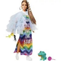 Barbie Extra Rörlig Brunett Med Regnbågsklänning