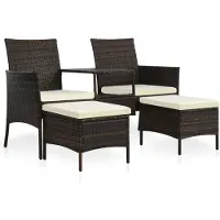 vidaXL Trädgårdssoffa 2-sits med bord & fotpallar konstrotting brun