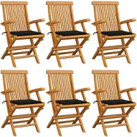 vidaXL Trädgårdsstolar med svarta dynor 6 st massiv teak