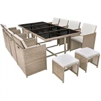 vidaXL Matgrupp för trädgården med dynor 13 delar konstrotting beige