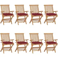 vidaXL Trädgårdsstolar med vinröda dynor 8 st massiv teak