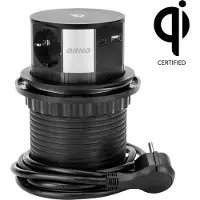 ORNO Lizdas Baldinis uttag Ø10cm utdragbart från bordet med induktiv laddare, USB-laddare och 1,5 m kabel, 3x2P+Z (Schuko), Qi 1.2.4 max. 10W, USB A+C QC 3.0