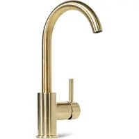BLUE LABEL tvättställsblandare med ettgrepp utan bottenventil - kallstartfunktion & 3/8 anslutningsslang - borstat guld - med vridbar C-spout