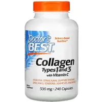 Doctors Best , Collagen Typer 1 och 3 med Peptan och Vitamin C, 500 mg, 240 Kapslar (125 mg per Kapsel)