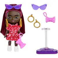Barbie Extra Mini Mini-docka med Burgundy Hår, Röd Volangklänning, Solglasögon & Tillbehör, 3.25-tum