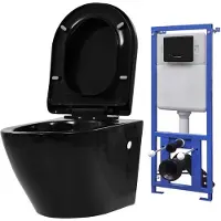 vidaXL Vägghängd toalett med dold cistern keramik svart