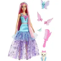 Barbie A Touch of Magic Docka, Malibu med Klänning med Vingar, 7-tums Fantasihår, 2 Sagodjur & Tillbehör