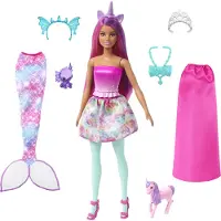 Barbie Dreamtopia Docka med Kläder & Tillbehör, Sagolik Klädselsset med Sjöjungfrusvans, Baby Enhörning, Drakdjur & Mer