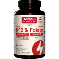 Jarrow Formulas Vegan Metyl B-12 & Metylfolat, Ultrastyrka, Körsbärssmak, 60 Tuggtabletter