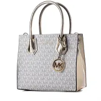 Michael Kors MK Mercer Signaturlogotyp Metallveck Belagd Canvas Mellanstor Axelväska Crossbodyväska Damväskor Vanilla 35H3GM9M2B-PLGLDMULTI Basic Set (Bag+Dust Bag)
