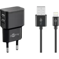 Goobay - Strömadapter - 12 Watt - 2.4 A - 2 utdatakontakter (USB) - på kabel: Lightning - svart - Europa