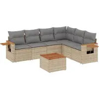 vidaXL Matgrupp för trädgården med dynor 7 delar beige konstrotting