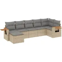 vidaXL Matgrupp för trädgården med dynor 7 delar beige konstrotting