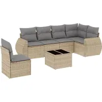 vidaXL Matgrupp för trädgården med dynor 7 delar beige konstrotting