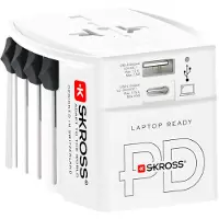 Skross Reseadapter 2-polig världsomspännande reseadapter med integrerad dubbel USB-laddare (1x USB C & 1 x USB) 65 watt strömförsörjning