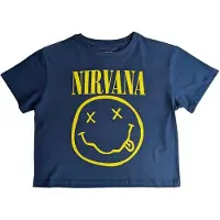 Ginza.se Nirvana: Ladies Crop Top/Yellow Happy Face Flower Sniffin (Denim Blue) (Back Print) (Medium)