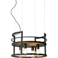 QAZQA Industriell pendellampa svart med hyllplan runt 4-ljus - Cage Rack