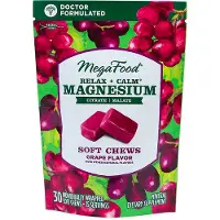 MegaFood Relax + Calm Magnesium Mjuka Tuggtabletter, Druvsmak, 30 Individuellt Förpackade Mjuka Tuggtabletter (125 mg per tuggtablett)