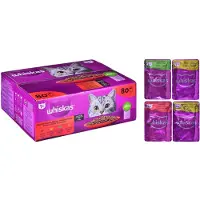 Whiskas Adult påse 80x85g Klassiska Måltider våtfoder komplett för vuxna katter i sås bitar med nötkött, kyckling, lamm, fågel