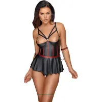 Cottelli collection Bondage Halvkupa Bondage Babydoll med Restraints - SvartRöd - L - SvartRöd