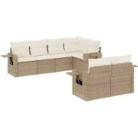 vidaXL Matgrupp för trädgården med dynor 7 delar beige konstrotting